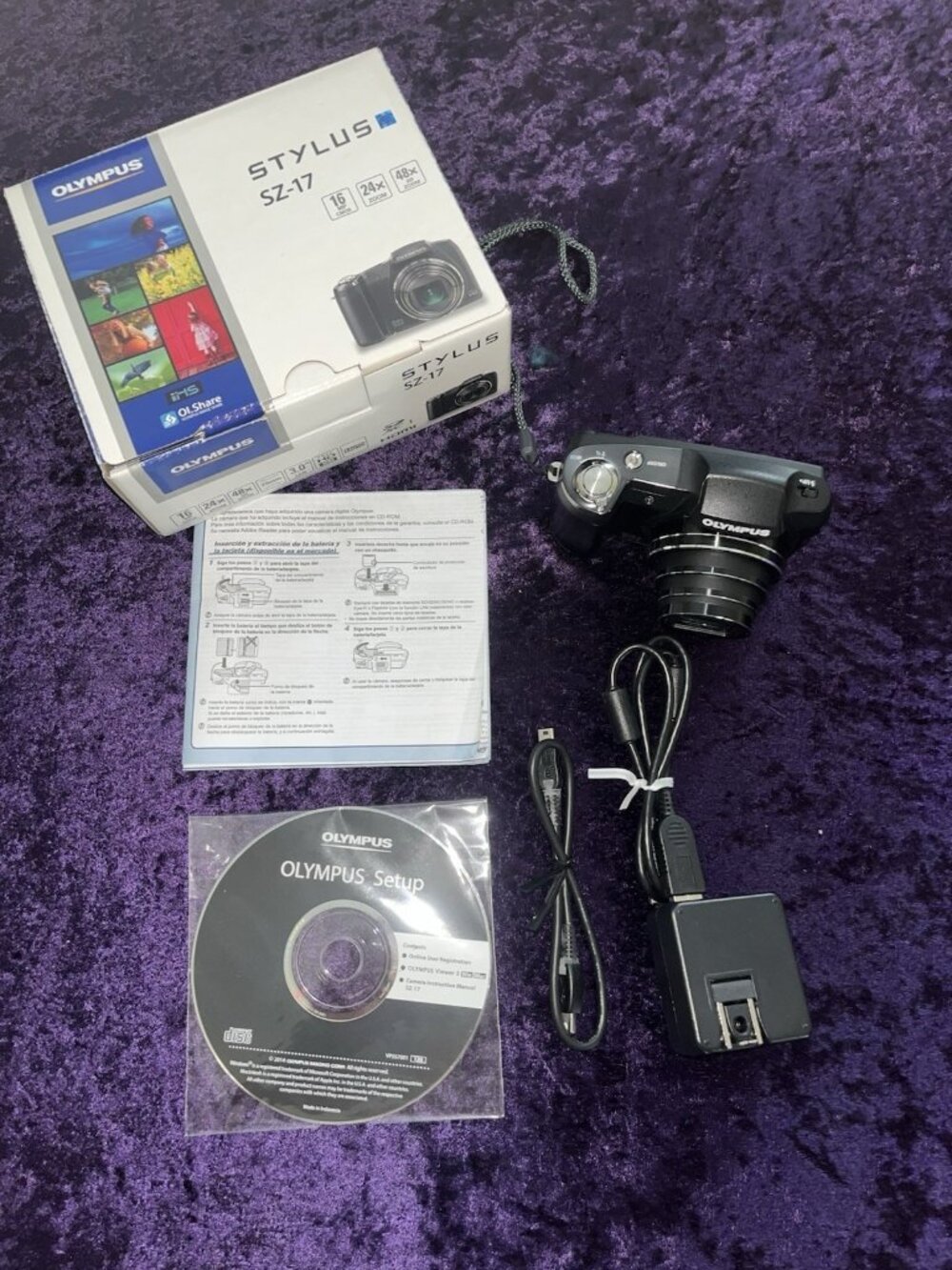 Olympus Stylus SZ-17 24x HD Digital Camera W/ Battery Box Book Disk Cords No SD